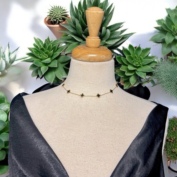 Gold Tone Stainless Steel Clover Station Necklace Black Enamel Choker - Picture 1 of 8